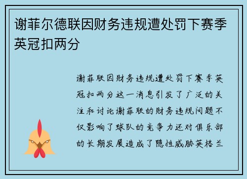 谢菲尔德联因财务违规遭处罚下赛季英冠扣两分